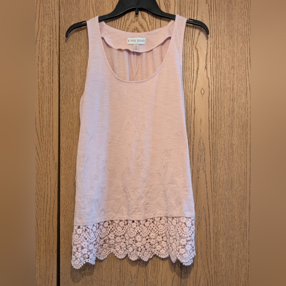 Knox Rose Pink Lace Hem & Embroidered Tunic Tank Top